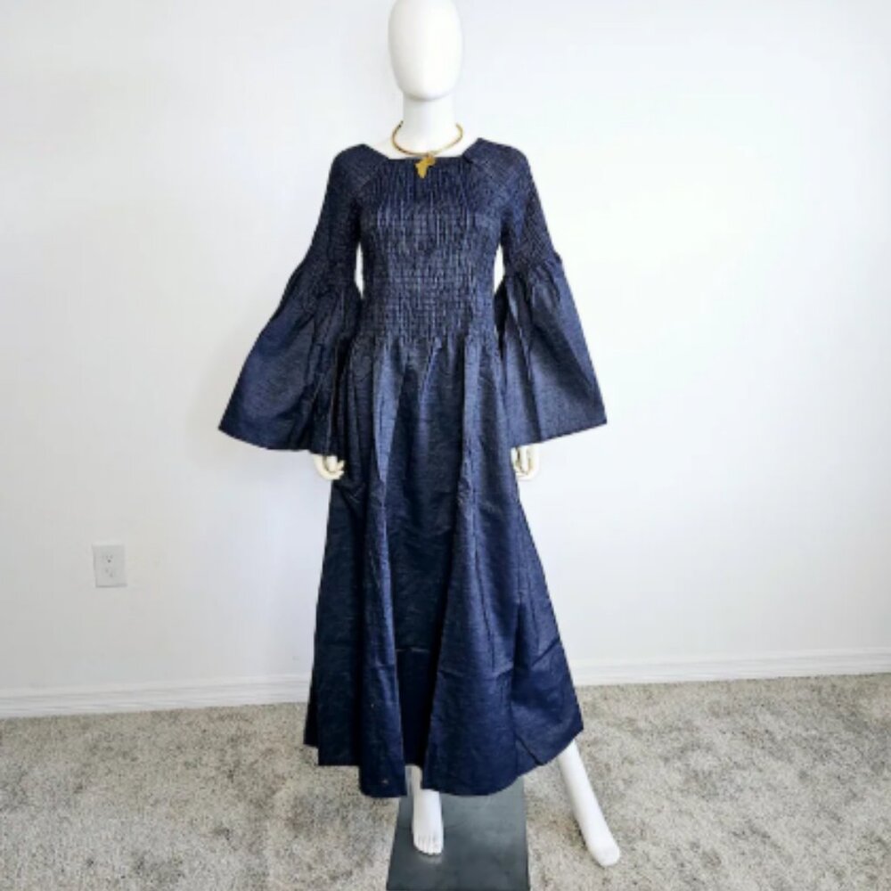Denim Style African Print Maxi Dress with Smocked Bodice & Headwrap
